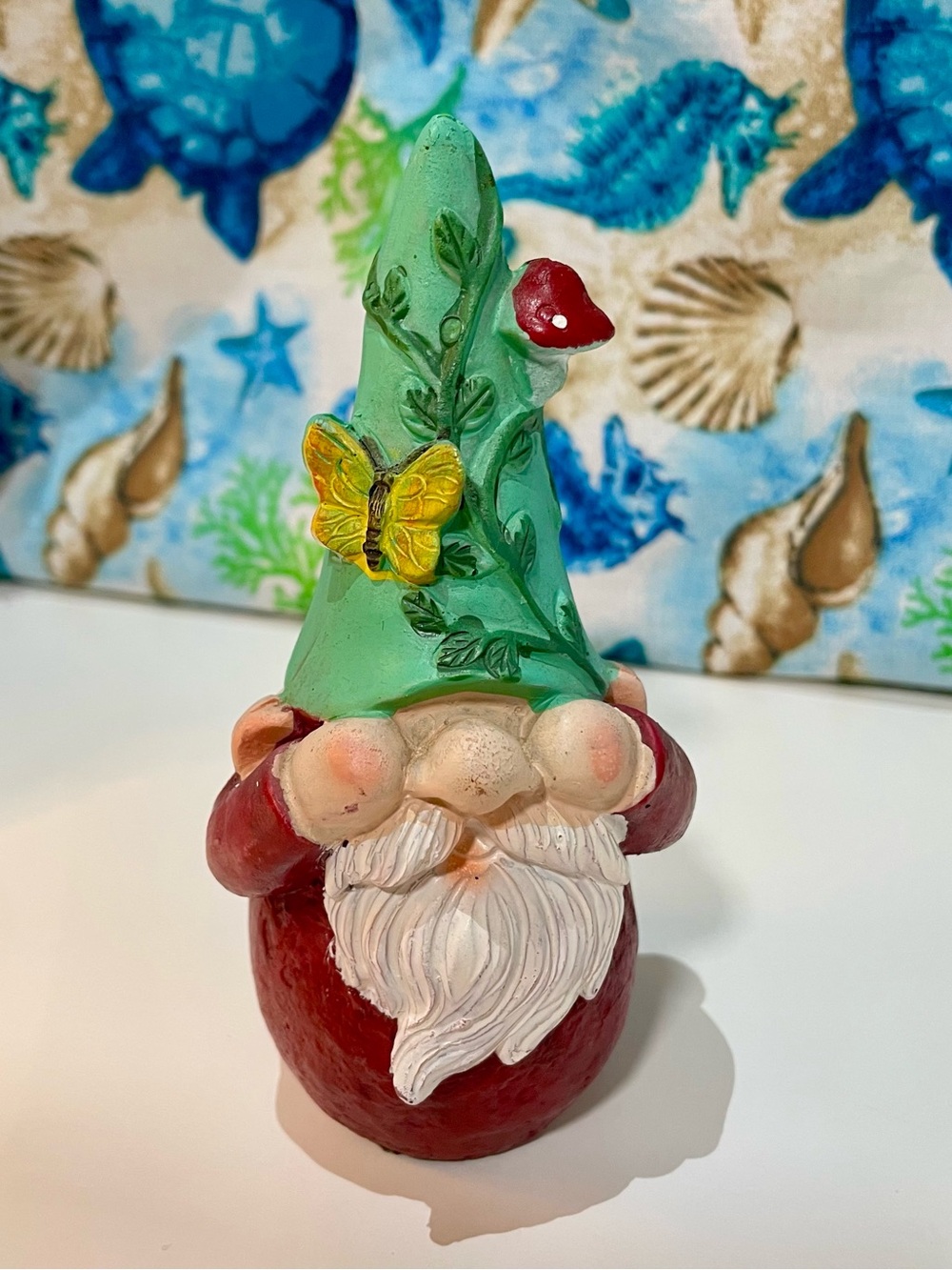Woodland Garden Gnome Figurine – Butterfly, Mushroom & Vine Hat – 5” Tall